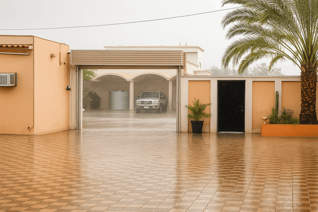 Alt Text: Rain falling in a courtyard with palm trees and a parked vehicle, Qatar weather update.