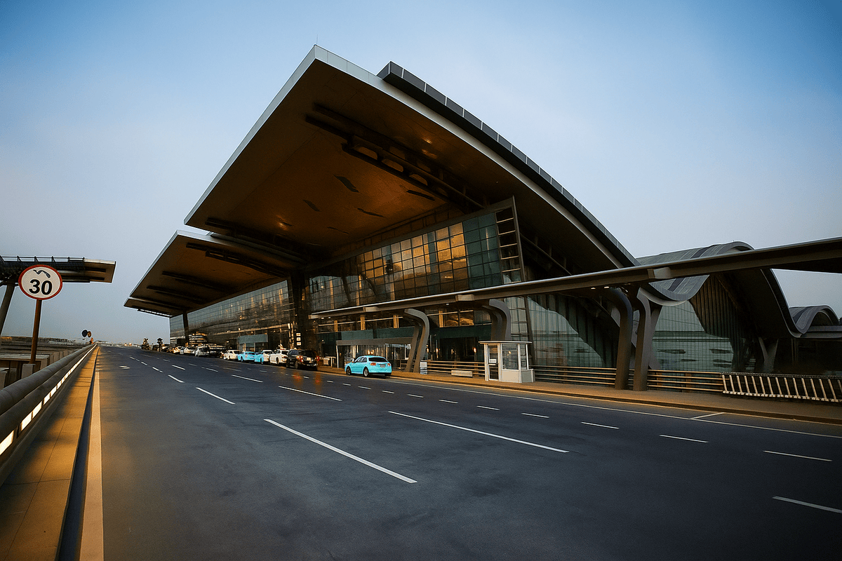 "Exterior view of Hamad International Airport in Doha, Qatar, showing the modern glass façade, large overhanging roof, and taxis lined up at the departure area."